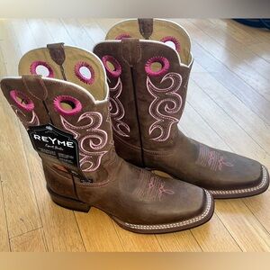 New Reyme Women 9.5 Cowgirl Western Boots Pink Brown Moto Cowboy Midcalf Boot